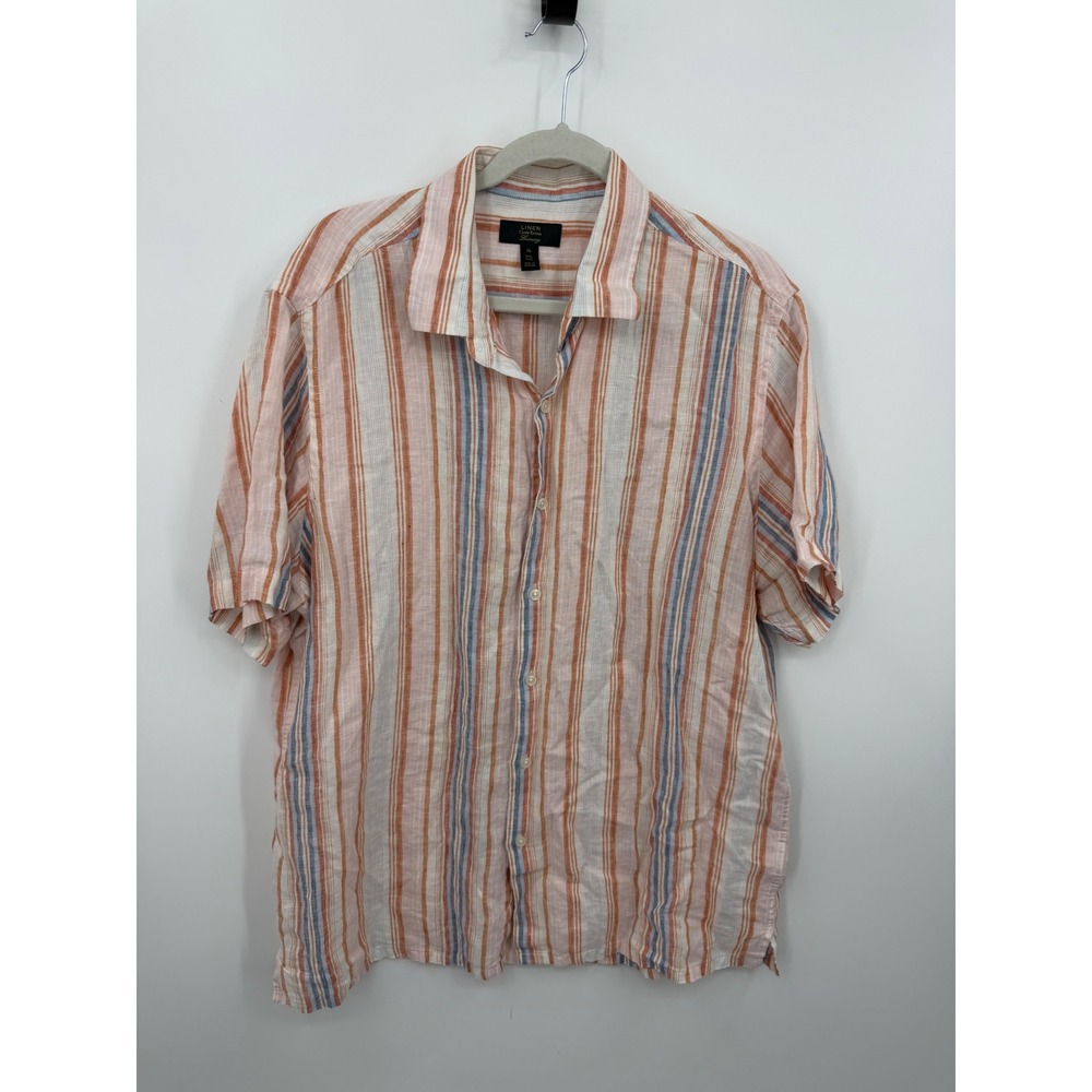 Club Room Luxury Stripe Button Down Shirt Womens XL Orange Blue 100% Linen Shirt